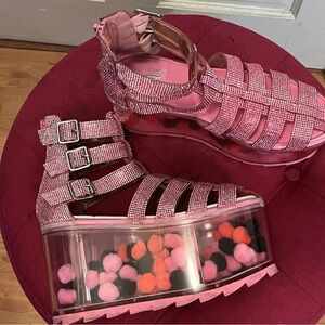 YRU shoes Pink Glitter Platform Sandals with Clear Sole